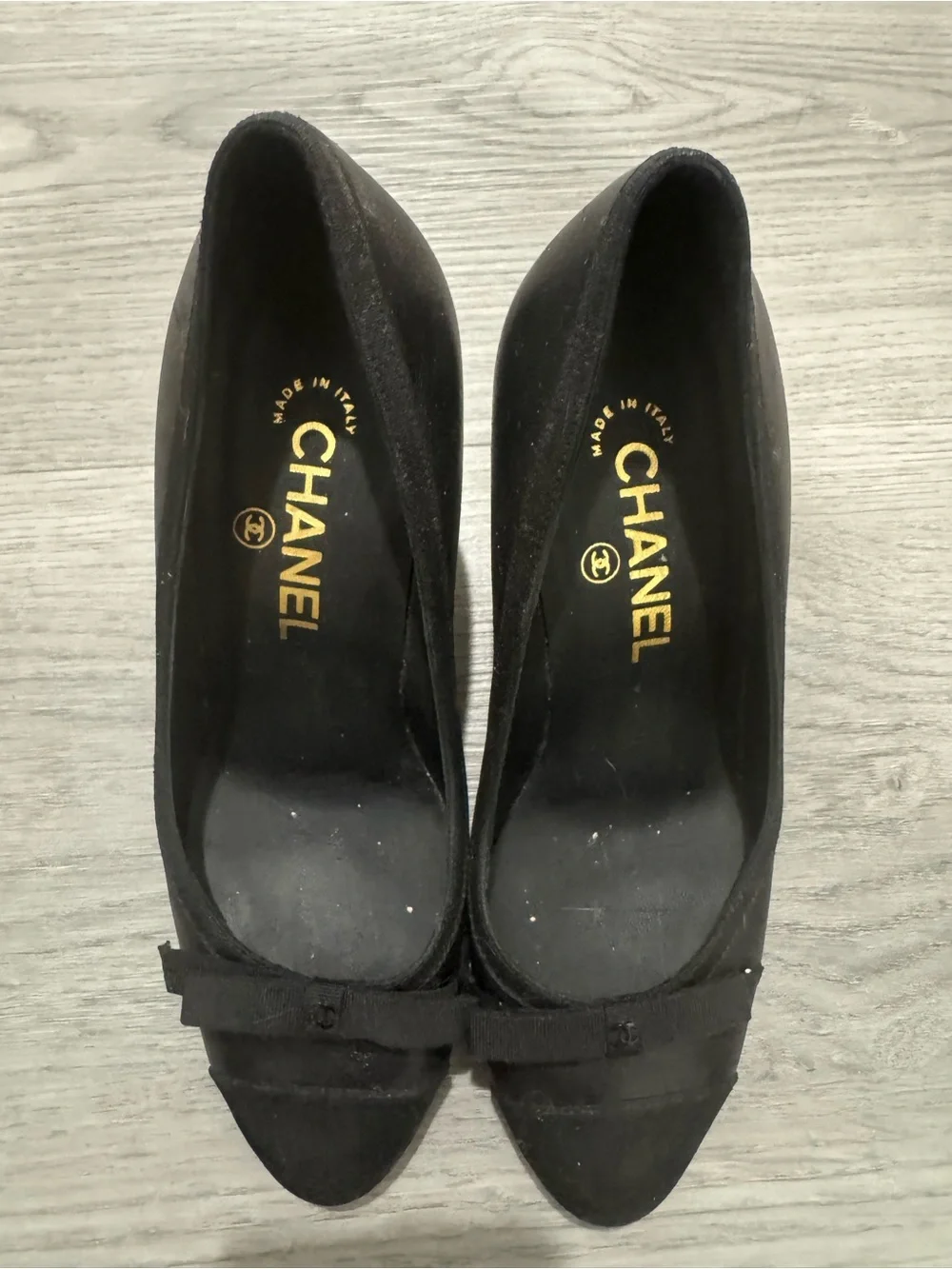 CHANEL Black Suede Peep-Toe Heels with Bow Detail